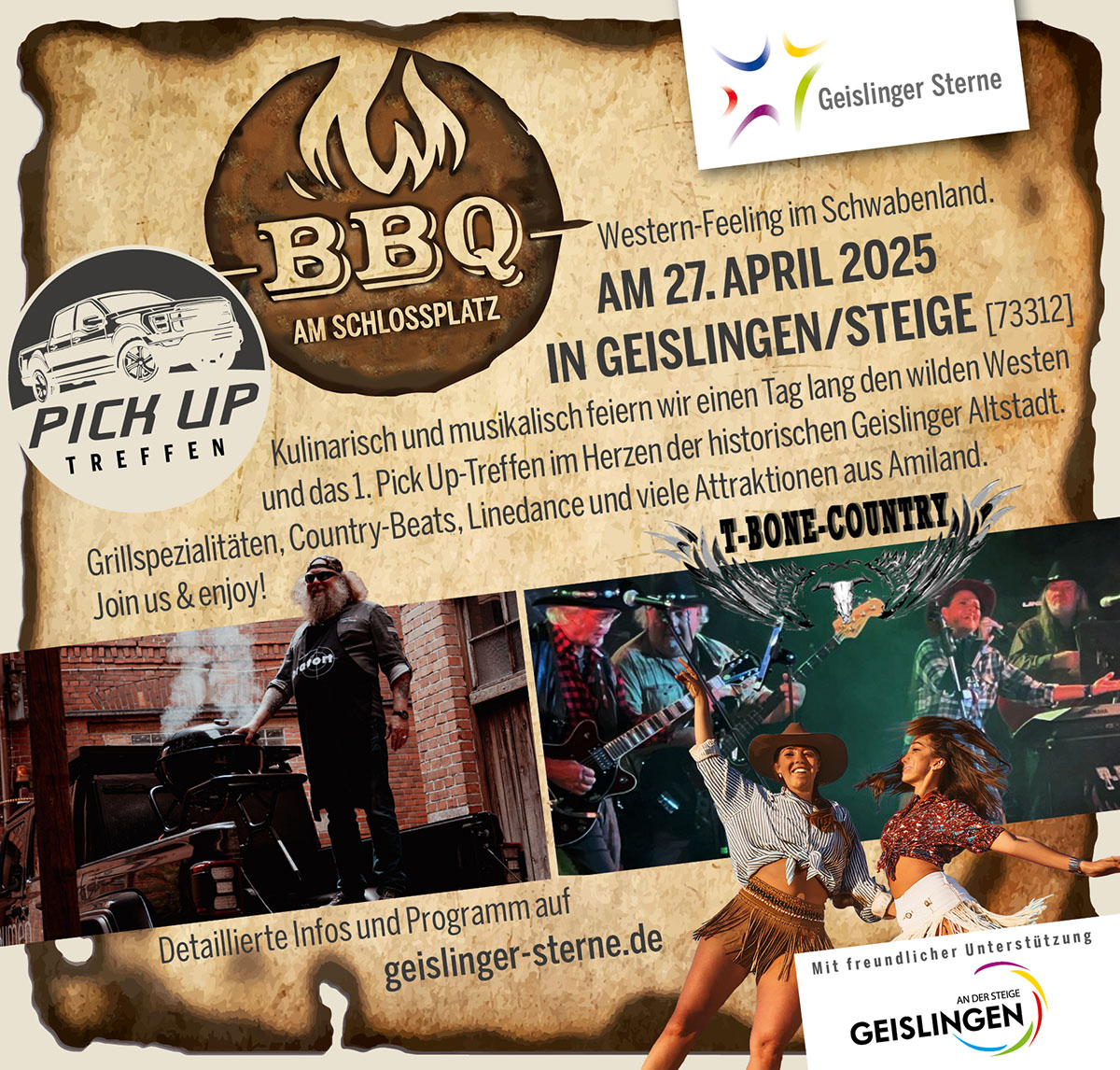 Am 27. April 2025 findet das 1. PICKUP-Treffen in der Fußgängerzone in 73312 Geislingen an der Steige statt. Begleitet von BBQ-Spezialitäten, Country-Musik und Linedance-Auftritten erwartet Sie ein toller unterhaltsamer Tag im Herzen der Geislinger Altstadt. Am 27. April 2025 findet das 1. PICKUP-Treffen in der Fußgängerzone in 73312 Geislingen an der Steige statt. Begleitet von BBQ-Spezialitäten, Country-Musik und Linedance-Auftritten erwartet Sie ein toller unterhaltsamer Tag im Herzen der Geislinger Altstadt.